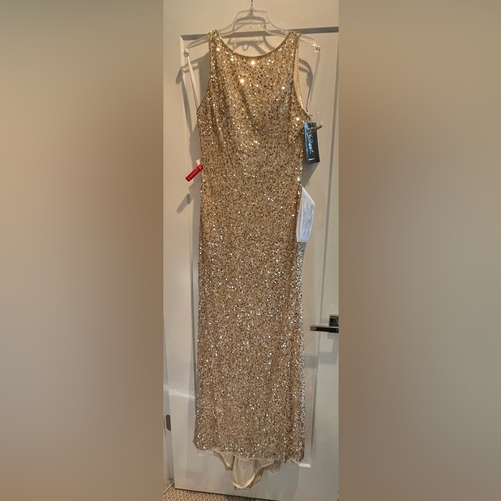 NWT Mac Duggal Long Sequin Dress in Silver/Nude